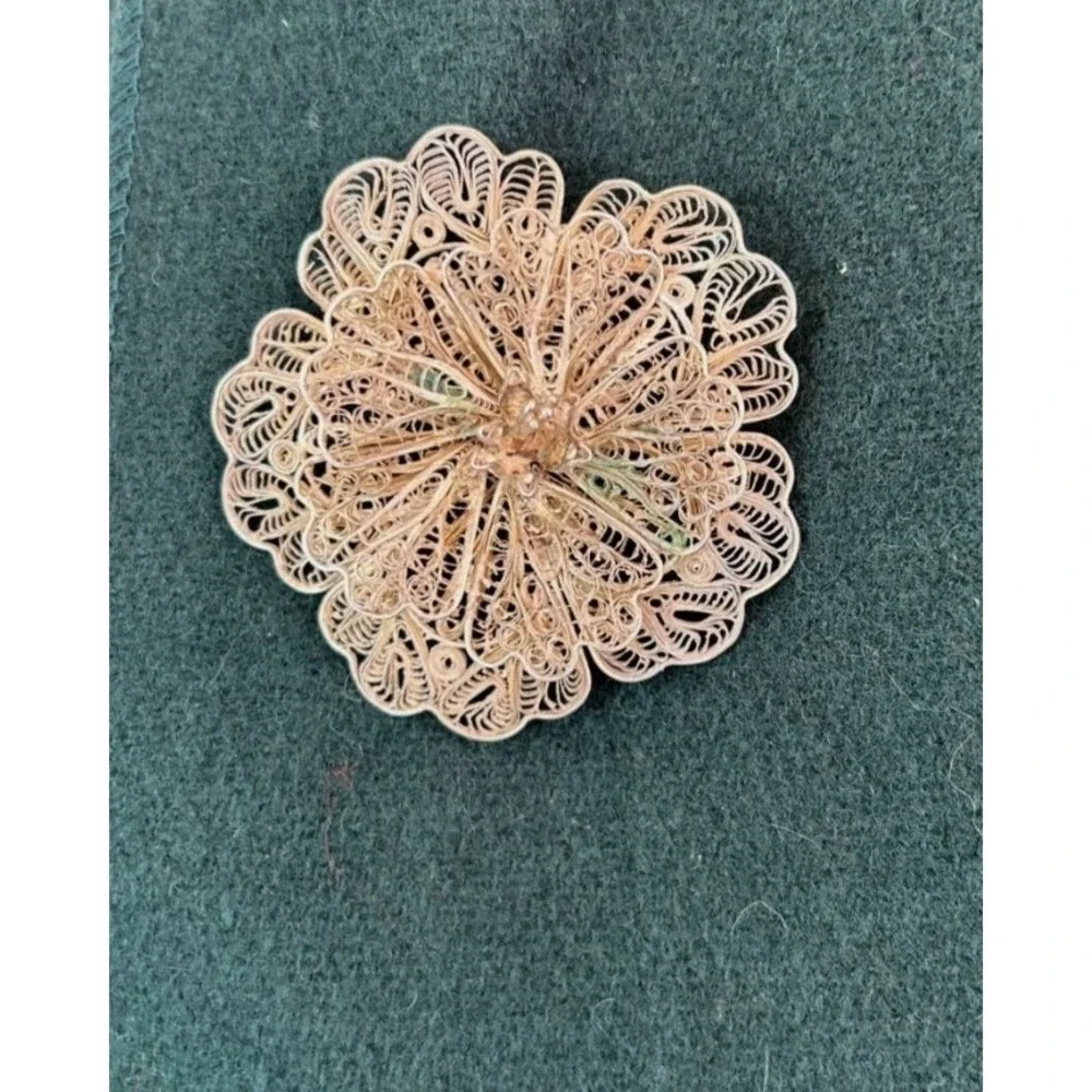 Vintage Filigree Flower Brooch Pin Layered Spun Metal Wire Floral As Is*